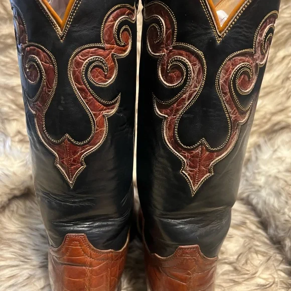 Tony Lama MEN CAIMAN & LEATHER WESTERN BOOTS-cognac-Sz 8 D - Picture 6 of 15